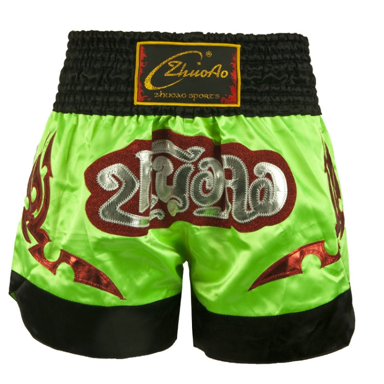 Neon green and black boxing shorts with dark waistband, large brown text logo, and flame graphics.