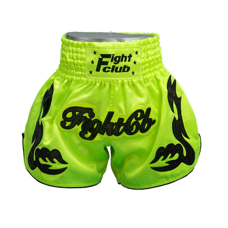 Neon green boxing shorts with black flame prints and Fight Club patch