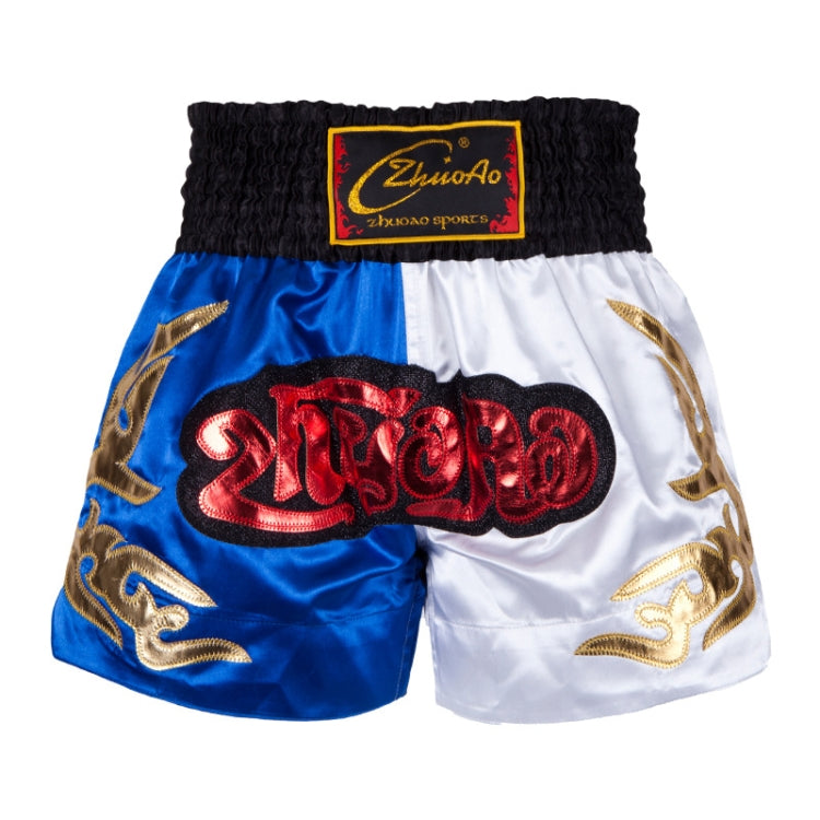 Blue and white boxing shorts with black waistband, red lettering, and gold accents