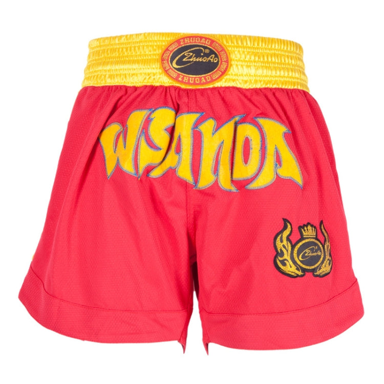 Red boxing shorts with yellow elastic waistband and yellow graphic logo