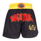 Black muay thai boxing shorts with yellow waistband and red/blue graphic logo