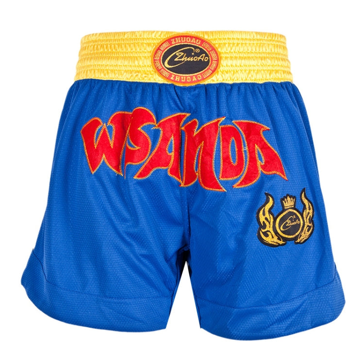 Blue muay thai boxing shorts with yellow waistband and red graphic text