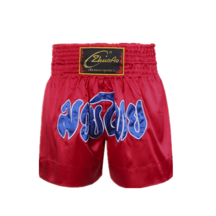 Red muay thai boxing shorts with elastic waistband and blue graphic logo