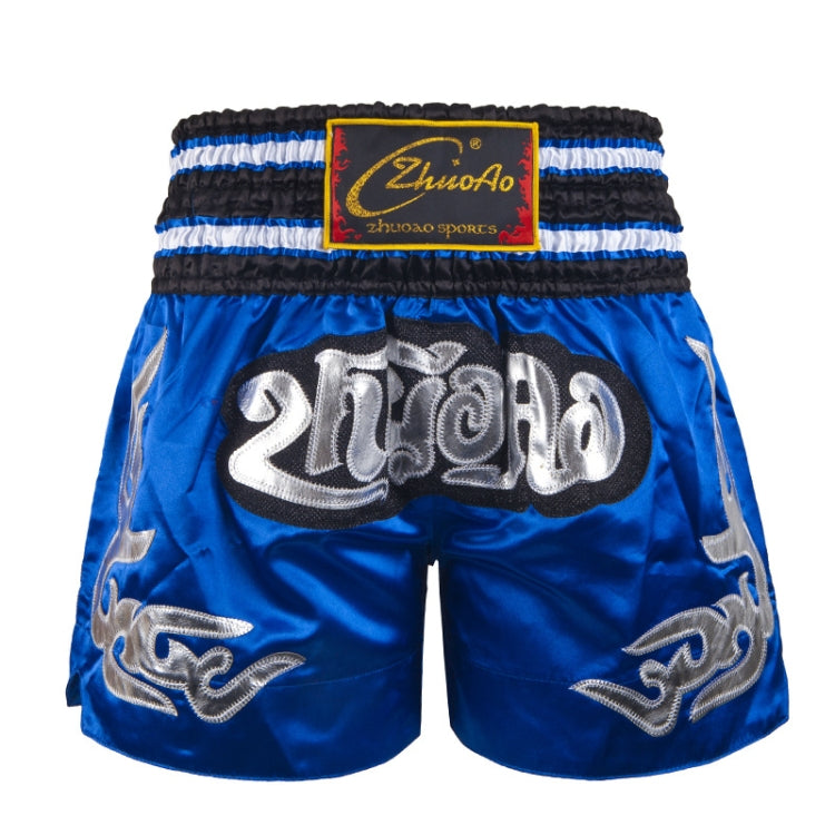 Blue boxing shorts with black trim, silver text graphic, and elastic waistband