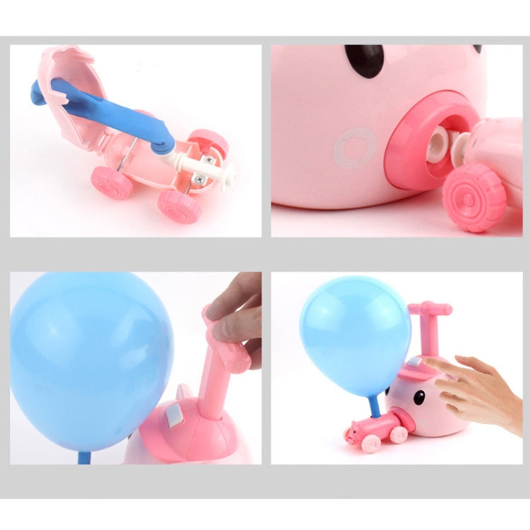 Pig balloon car toy in use: balloon and small car parts shown in panels