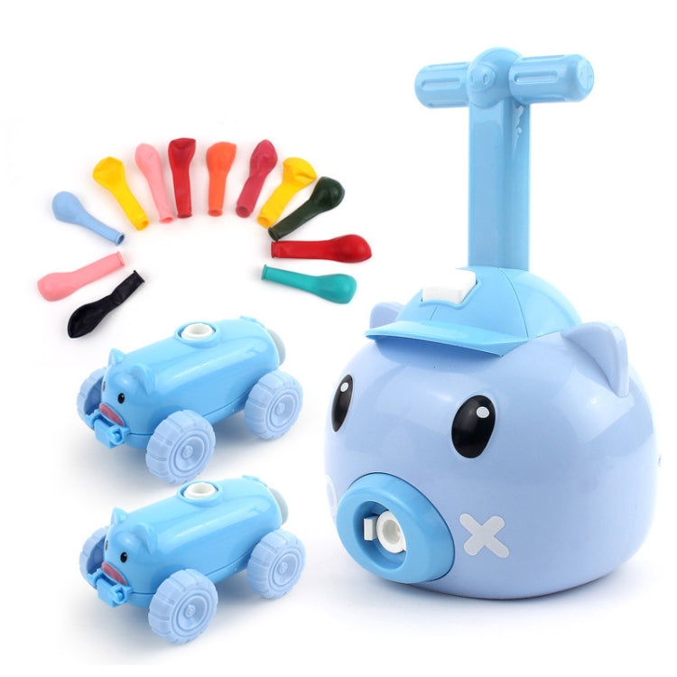 Blue pig-shaped balloon car toy with two small pig cars and colorful accessory parts