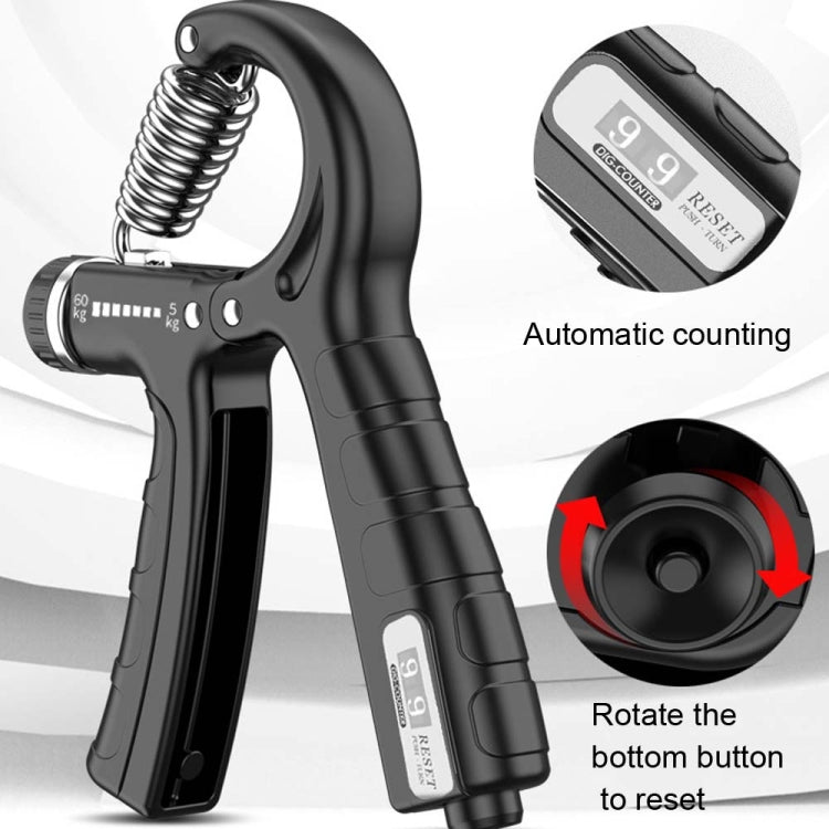 Black hand gripper with spring, counting display, and rotate-to-reset knob