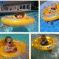 Infant in yellow inflatable swimming seat ring with blue detailing and raised backrest