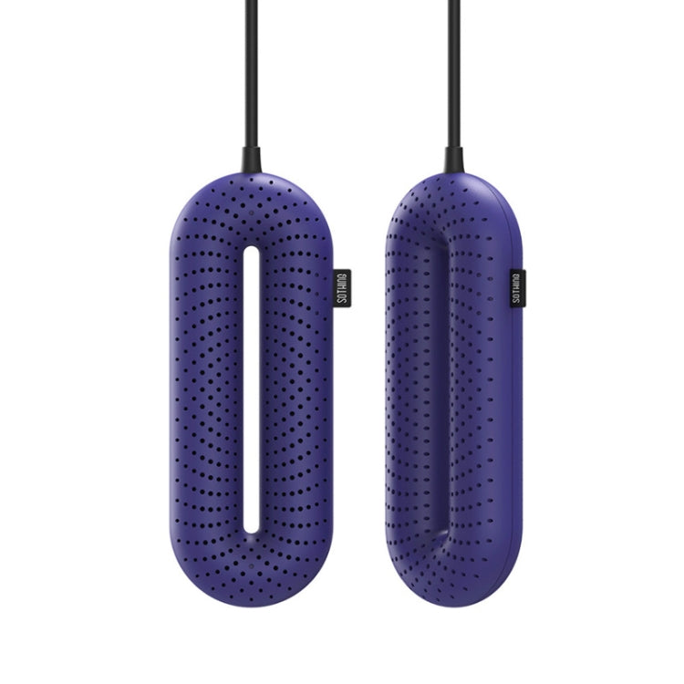 Blue shoe dryer inserts with perforated oval body and hanging power cords