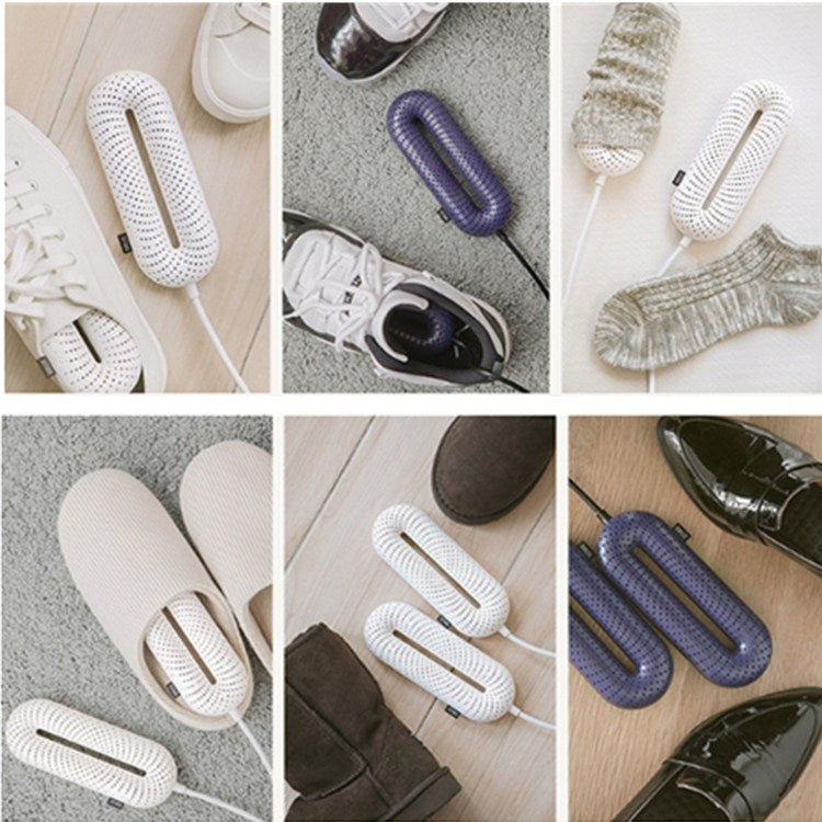 Multiple shoe dryer inserts in white and dark colors arranged on the floor