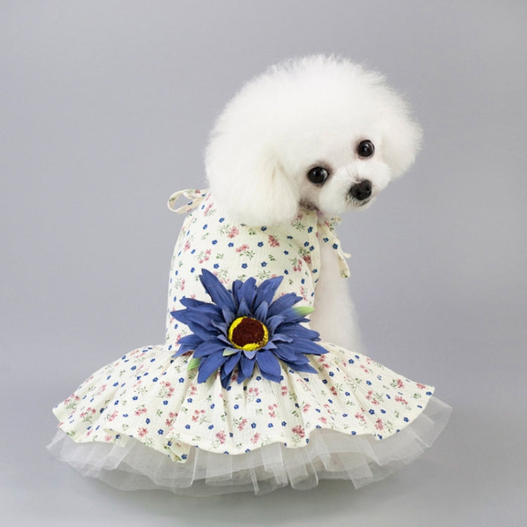 Daisy-print pet dress with blue floral daisy accent and white tulle hem