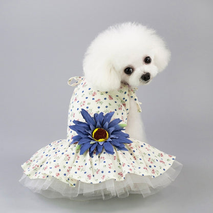 Daisy-print pet dress with blue floral daisy accent and white tulle hem