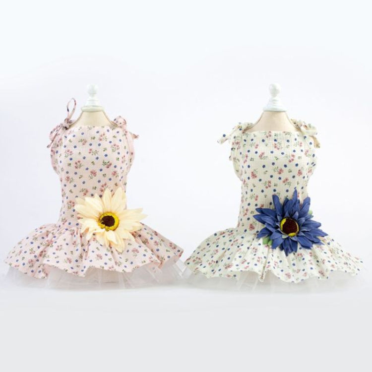 Pet daisy-print dress set: one with yellow daisy and one with blue daisy centerpiece