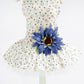 Floral pet skirt with big blue daisy applique and layered white tulle underlayer