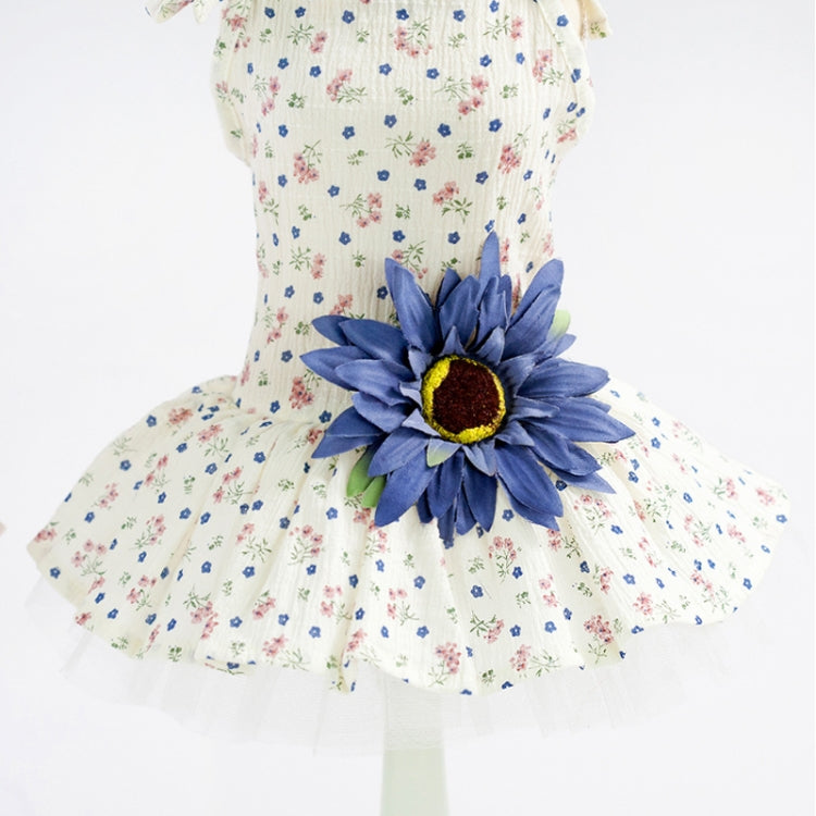 Floral pet skirt with big blue daisy applique and layered white tulle underlayer