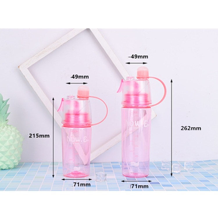 Pink translucent spray water bottle with lid and mist nozzle, shown with dimensions