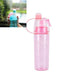 Pink translucent spray water bottle with lid and curved mist tube, portable hydration