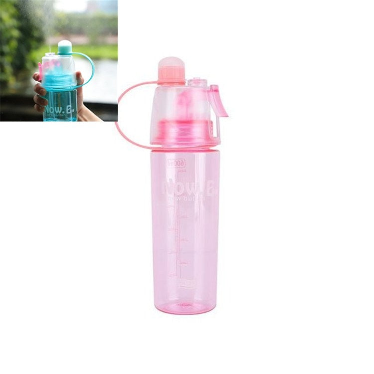 Pink translucent spray water bottle with lid and curved mist tube, portable hydration