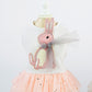Pet bunny applique skirt, white shirt top with pink rabbit design and peach star tulle tutu