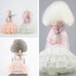 Pet bunny applique skirt in pink and peach styles, shown on a small dog mannequin