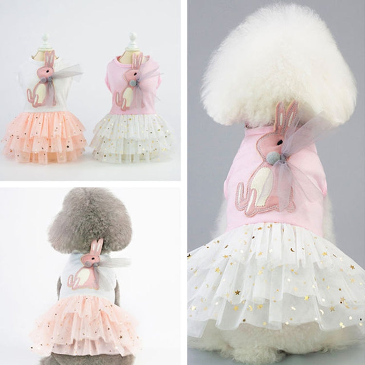Pet bunny applique skirt in pink and peach styles, shown on a small dog mannequin