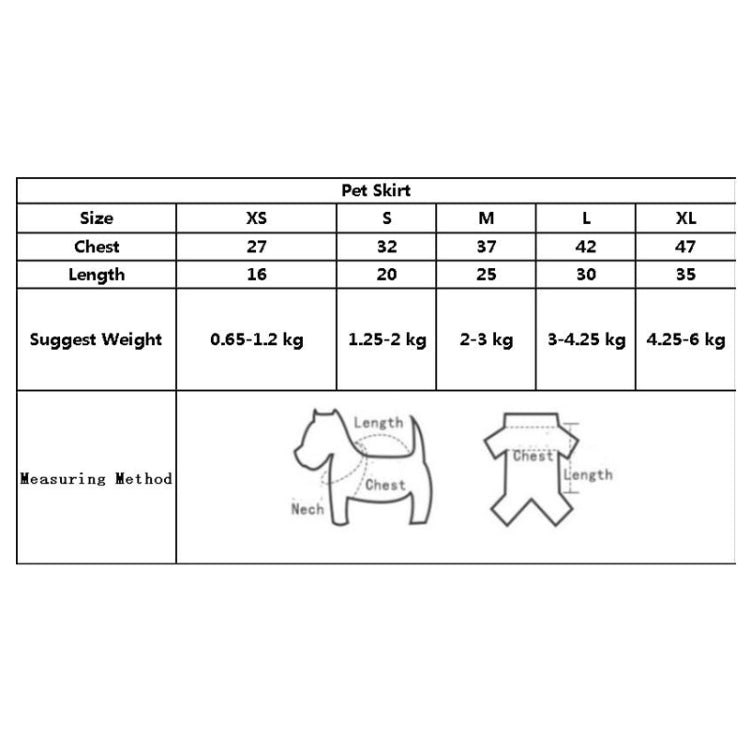 Pet skirt size chart with XS, S, M, L, XL chest and length measurements diagram