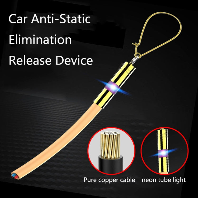 Car anti-static release device with hanging loop, striped handle tube, copper wire end