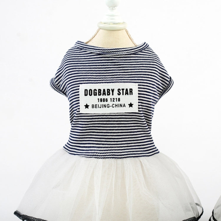 Blue striped dog pet skirt with white tulle layer and round neckline