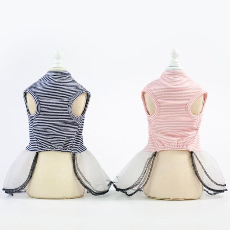 Back view of blue and pink striped pet skirts with white tulle hems