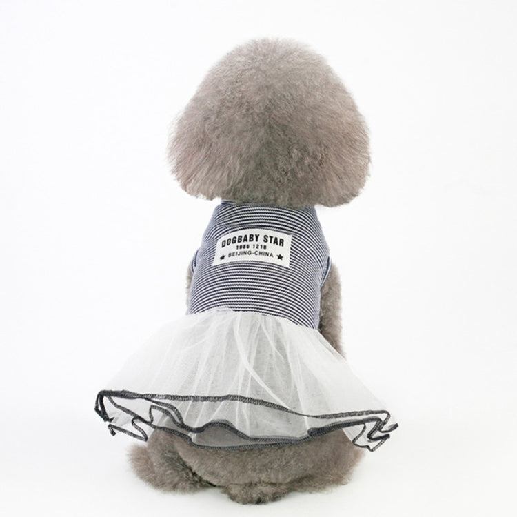 Navy striped dog summer outfit with white tulle ruffle and black edge