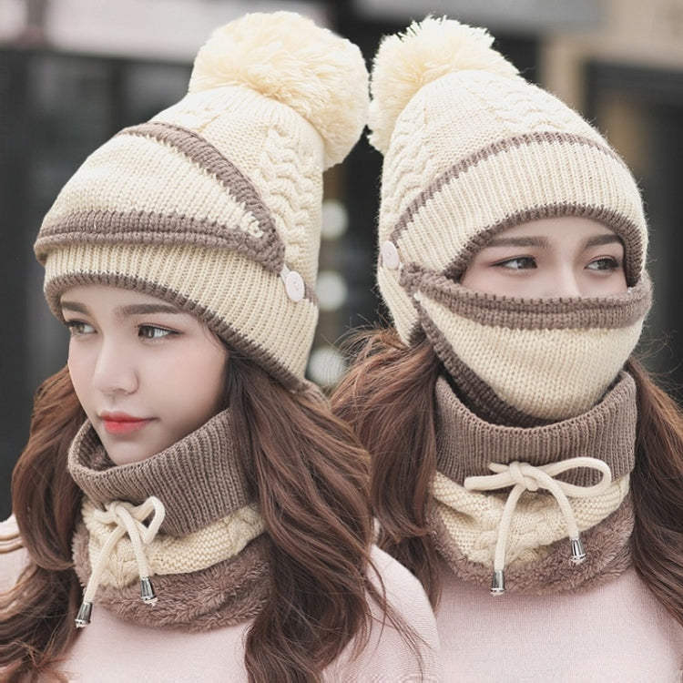 Off-white two-tone knit winter beanie with attached face mask and neck scarf