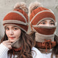 Caramel-brown two-tone knit winter beanie with attached face mask and neck scarf