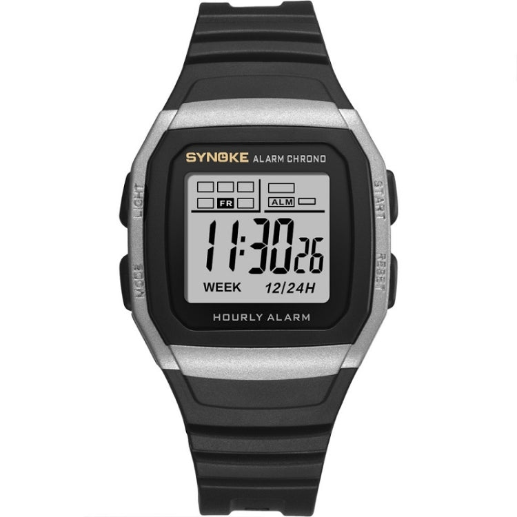 Digital sports watch with black strap and silver bezel, LCD screen with time and week