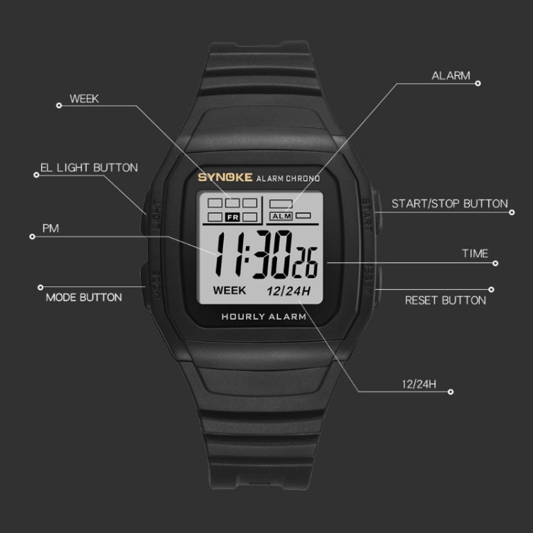 Black digital sports watch front view showing buttons and alarm chronograph LCD