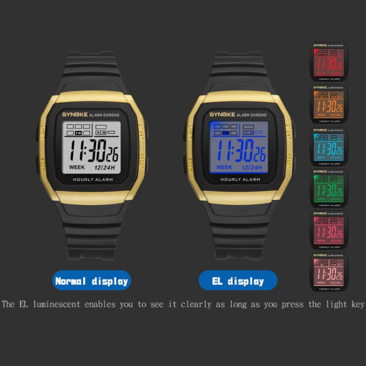 Digital sports watch in gold and black with blue EL backlit LCD display