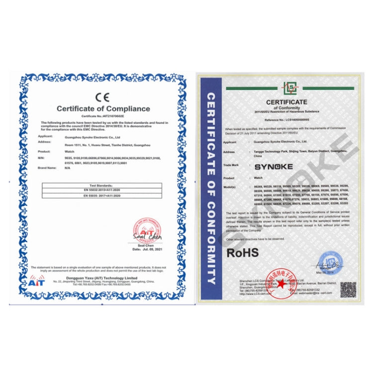 RoHS and compliance certification documents for SYNOKE electronic watch