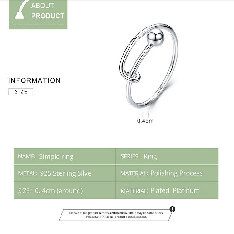 Silver open ring with round ball centerpiece, shown on a product information card