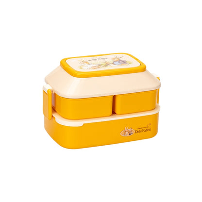 Double-layer rabbit-themed plastic lunch box, yellow with white lid and side handle.