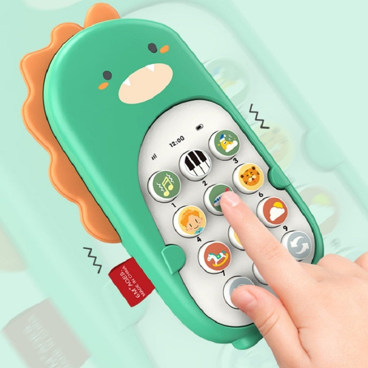 Green dinosaur toy smartphone with a finger pressing a round button