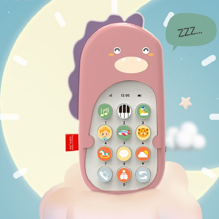 Pink dinosaur toy smartphone with circular icon buttons on the screen