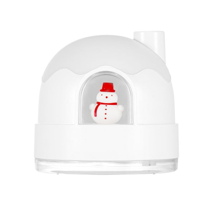 White snowman humidifier night light, front window with red snowman figure.