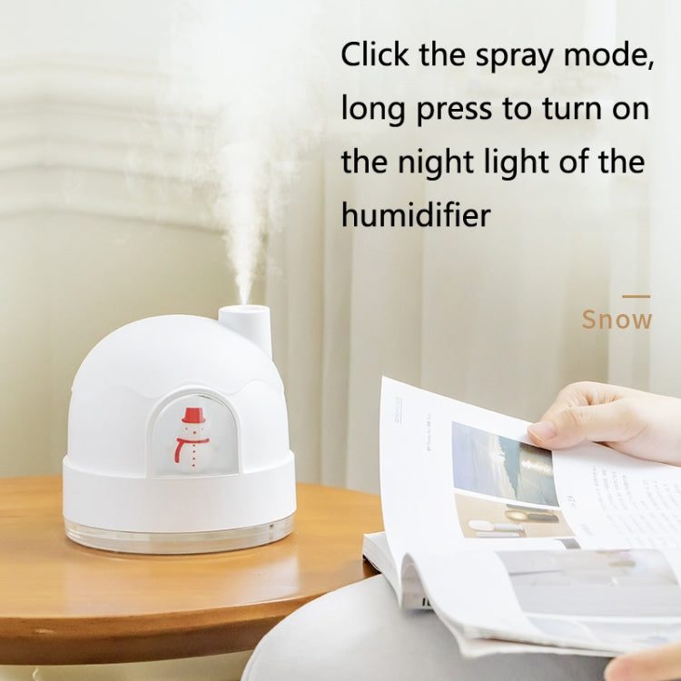 White snowman humidifier night light on wooden table, front red snowman window.