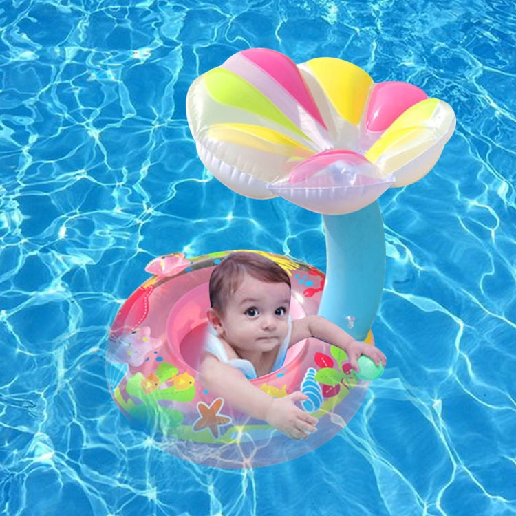 Children's inflatable mushroom sunshade seat ring with multicolor canopy on water