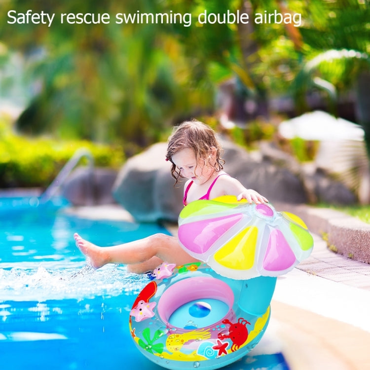 Inflatable mushroom sunshade seat ring with multicolor canopy at poolside