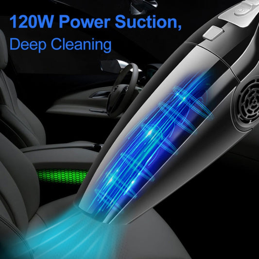 Black handheld car vacuum cleaner with blue suction airflow in nozzle