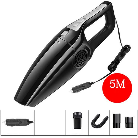 Black handheld car vacuum cleaner with 5 m power cord and crevice tool