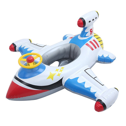 Inflatable airplane-shaped pool float seat with steering wheel, blue and red accents