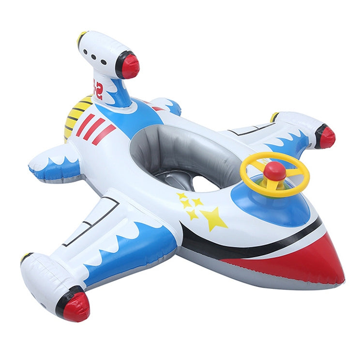 Inflatable airplane pool float with cockpit opening, yellow steering wheel, blue and white