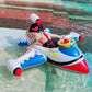Child-size inflatable airplane pool float in use, with red and blue body and steering wheel