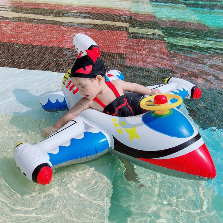 Child-size inflatable airplane pool float in use, with red and blue body and steering wheel
